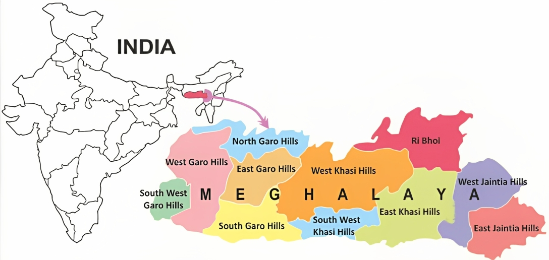 Garo Hills. Meghalaya Map. South Garo Hills. Мегхалая на карте мира.